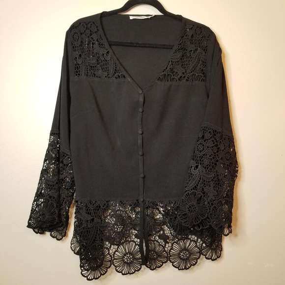 Solitaire Tops - Solitaire Black Crochet Trim Button Down Sz IX